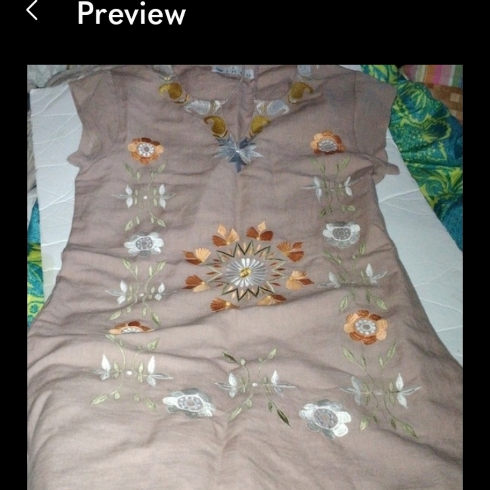 Bindu linen embroidered shift dress with long tassels NWOT